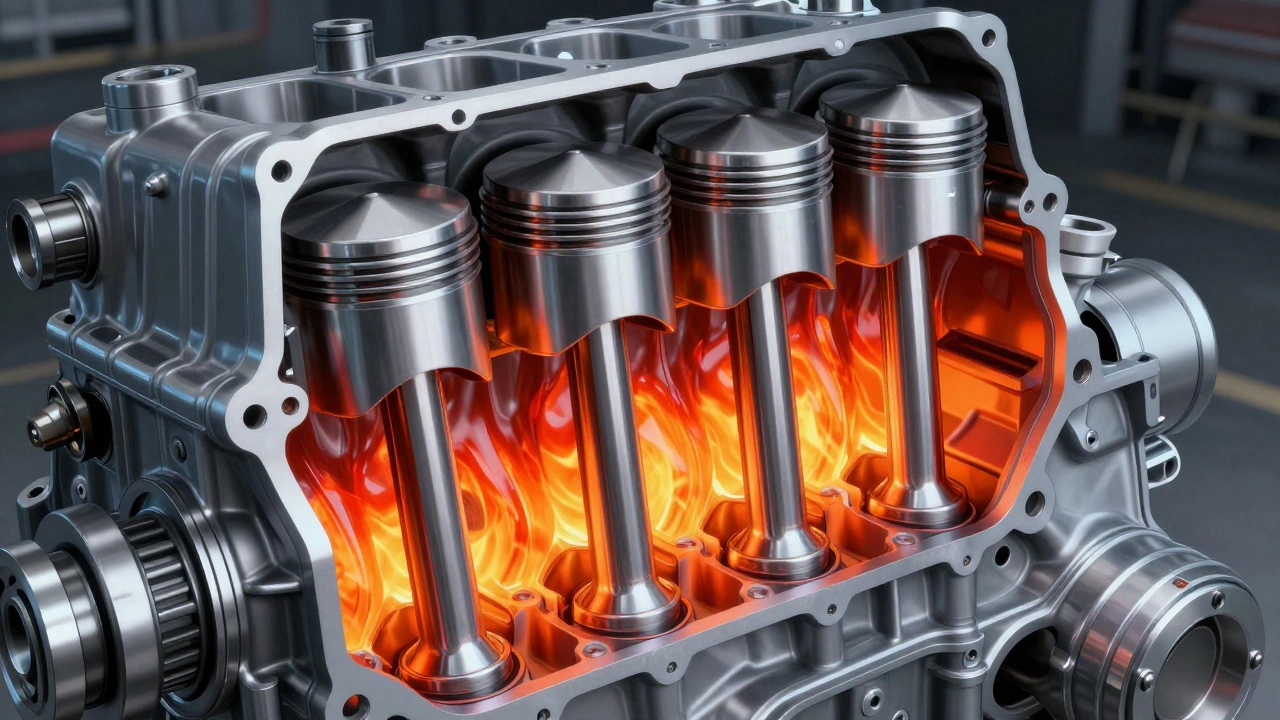 3D cross-section of an engine showing heat and friction from low oil