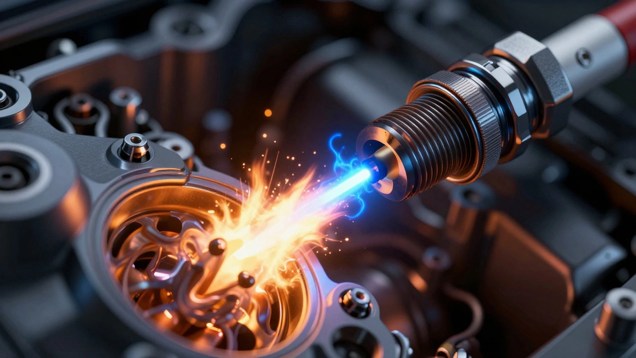 3D visualization of a spark plug igniting fuel inside an engine cylinder.