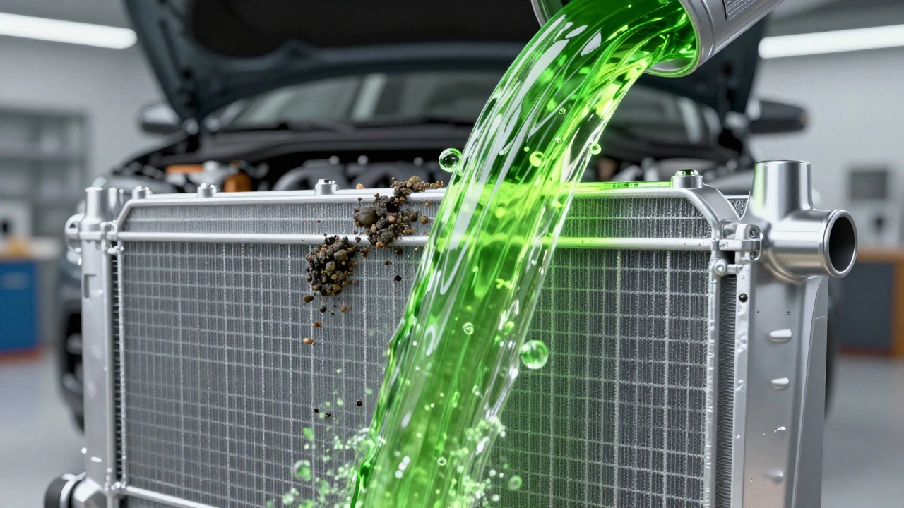 A clean aluminum radiator being flushed with bright neon-green coolant fluid