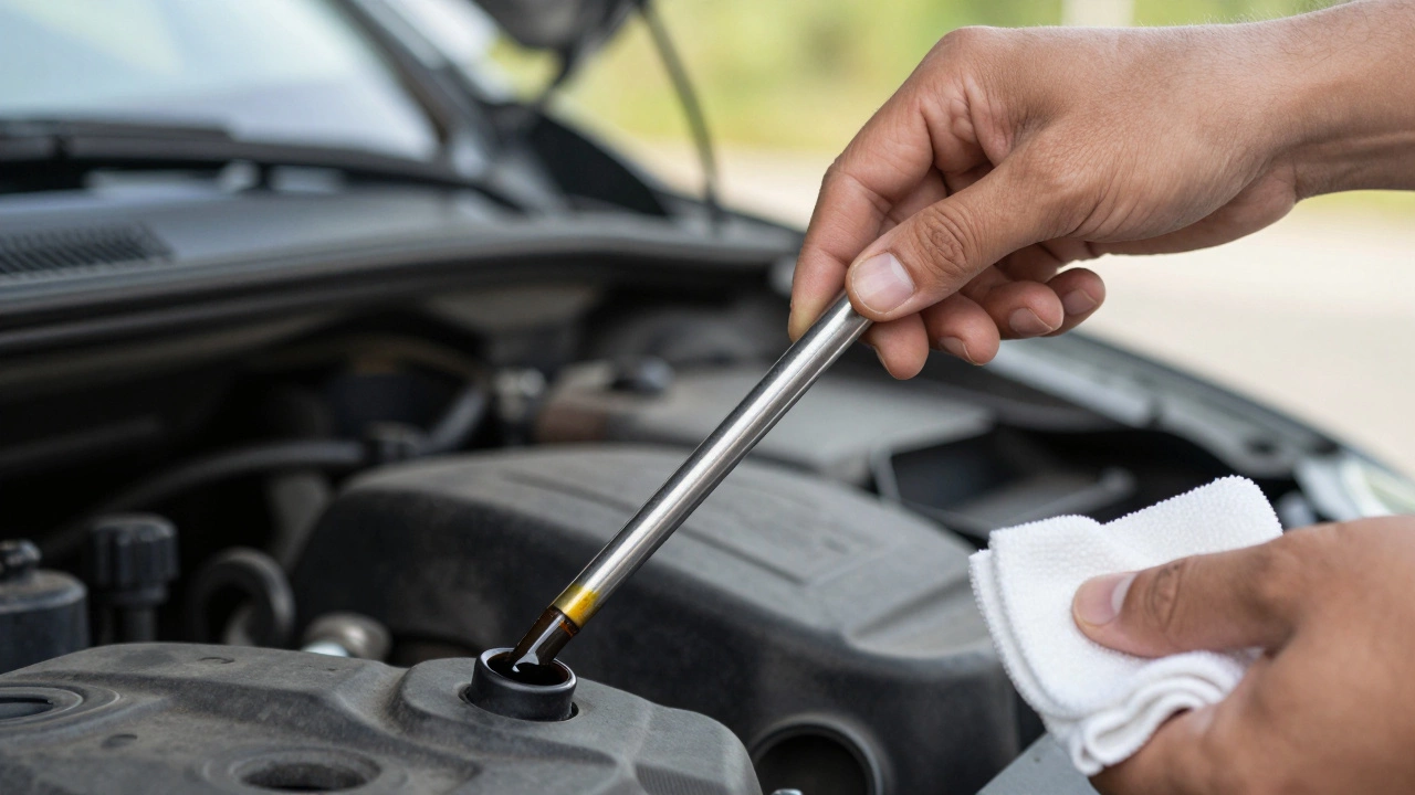 A hand checking a car's oil level using a dipstick