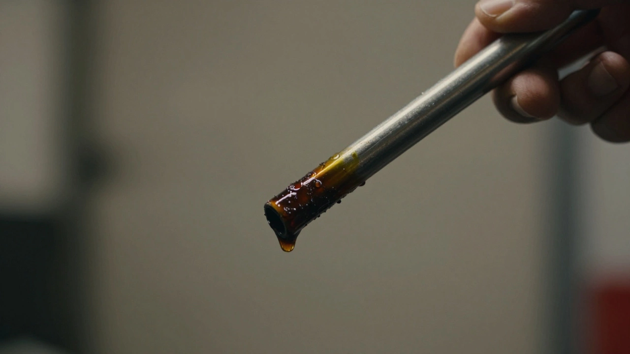 Close-up of a car dipstick with a drop of dark, dirty engine oil showing degradation.