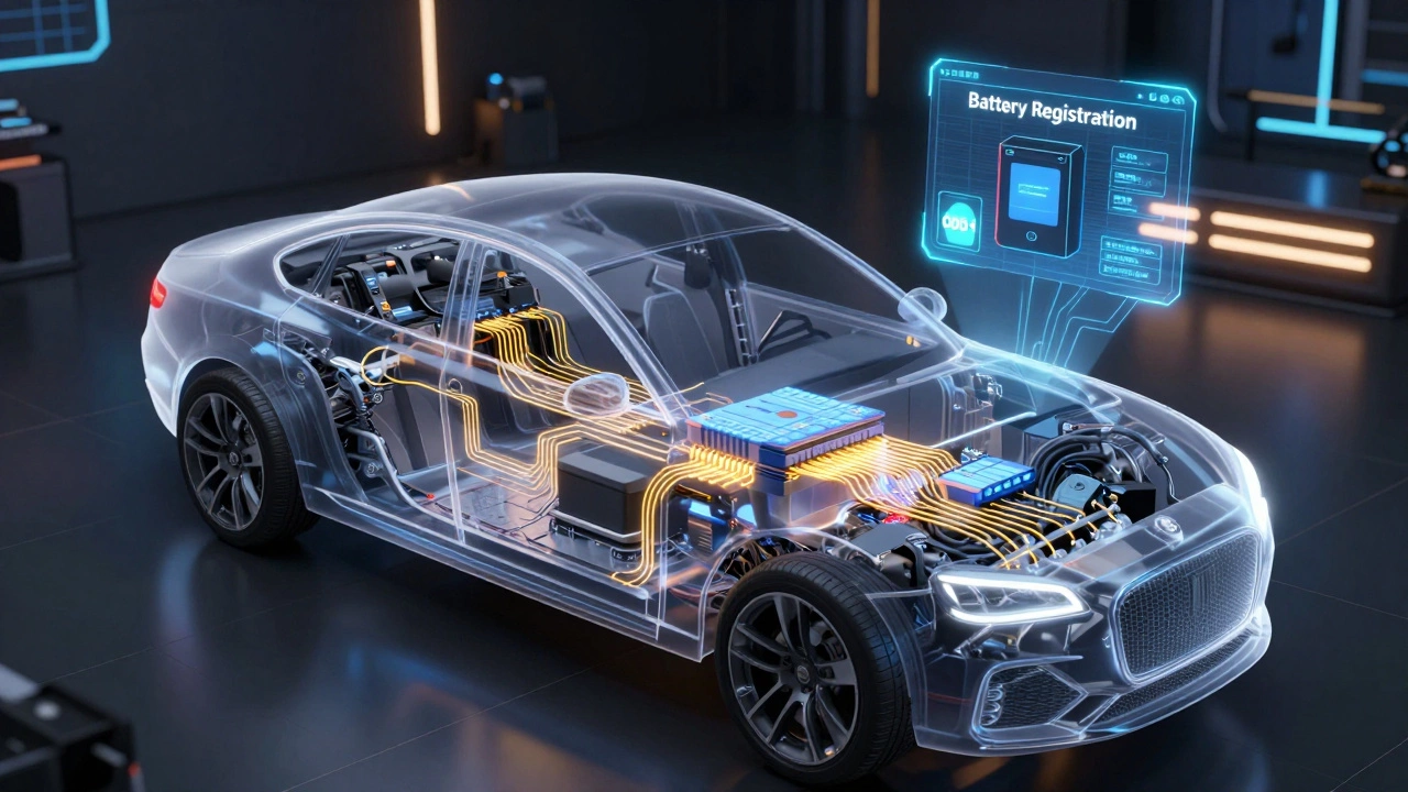Conceptual 3D render of a car battery connecting to a digital computer system
