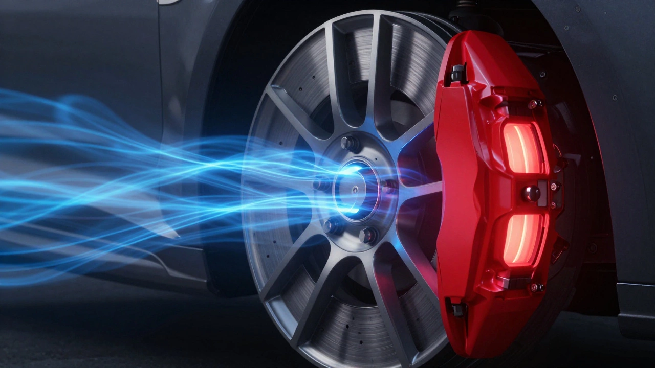 Conceptual view of air flowing through alloy spokes to cool glowing brake rotors.