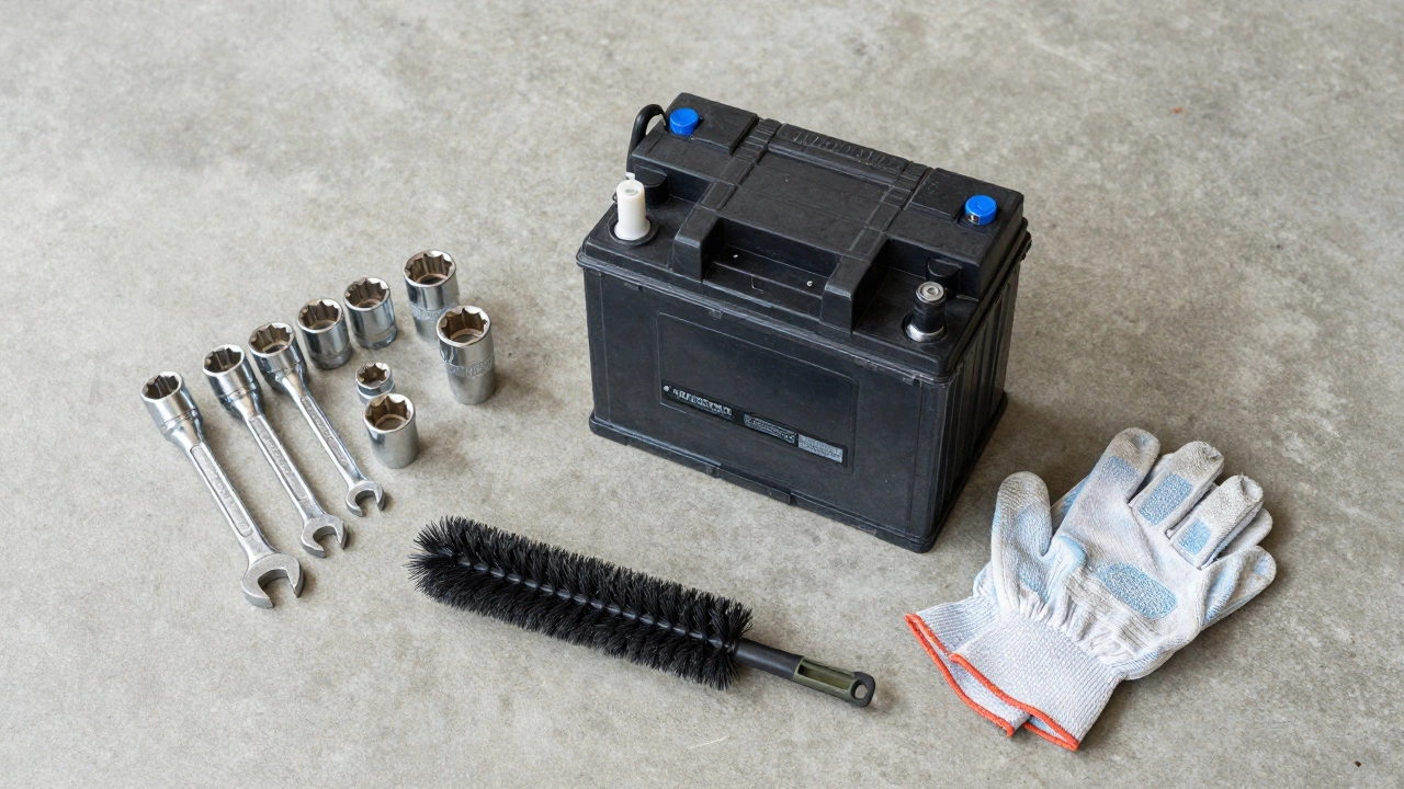 Flat lay of a new car battery, wrenches, and a wire brush on a garage floor