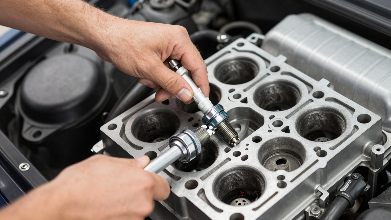 Hands using a torque wrench to install a new spark plug into a car engine.