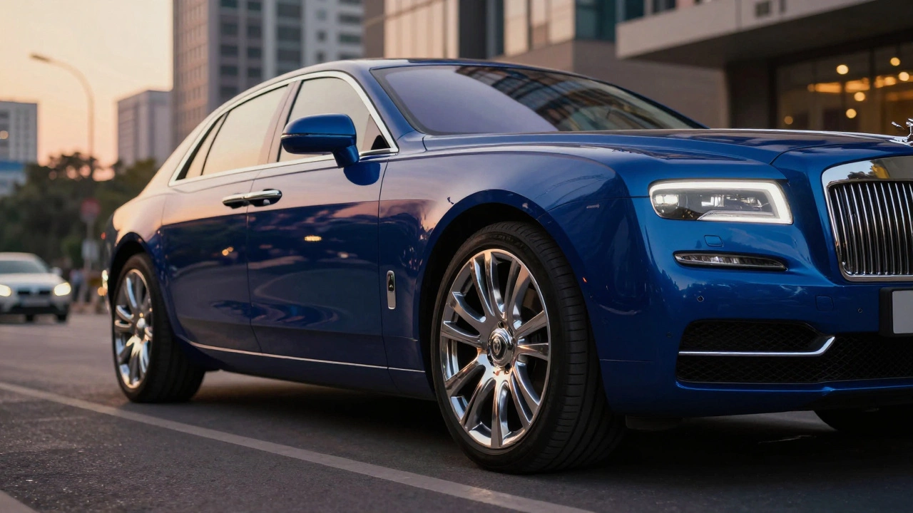 Low angle shot of a luxury car with polished chrome alloy wheels on a city street.