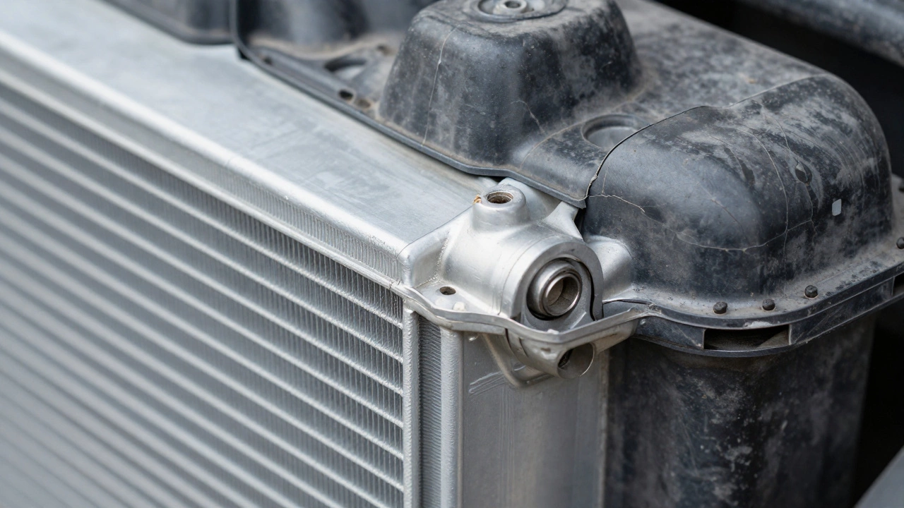 Macro view of a cracked plastic tank on an old aluminum car radiator