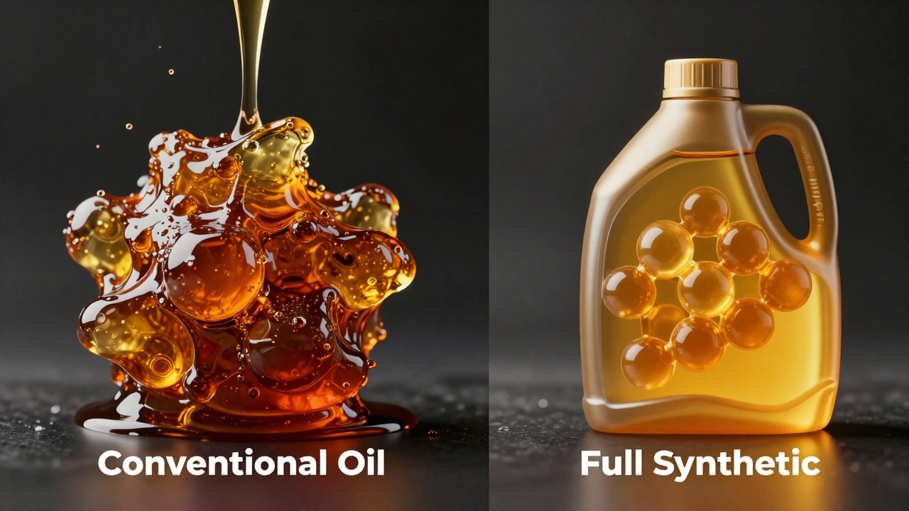 Side-by-side comparison of irregular conventional oil molecules and uniform synthetic oil molecules.