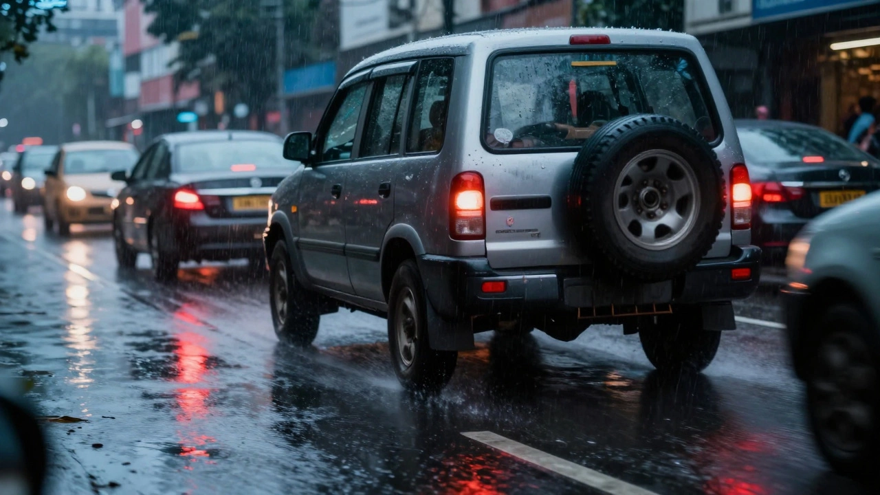 Car braking on a wet city street during heavy rain.