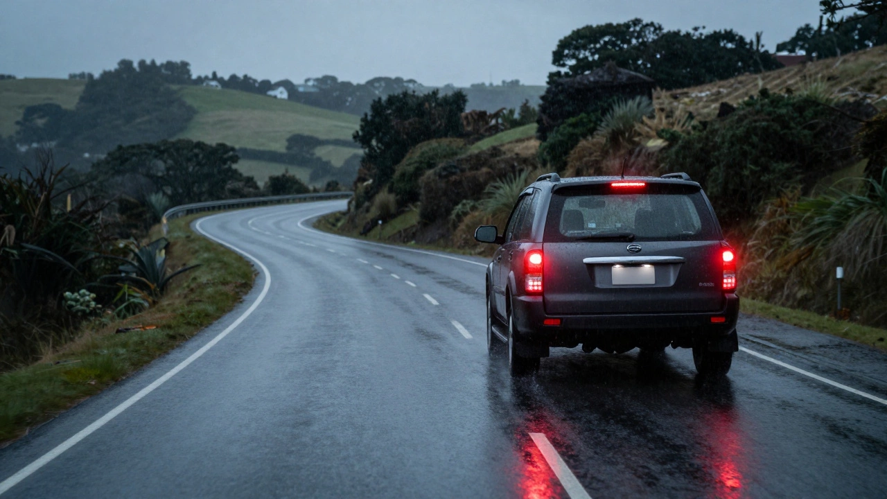 Car driving on a wet, winding hill road with brake lights on, emphasizing safety risks.