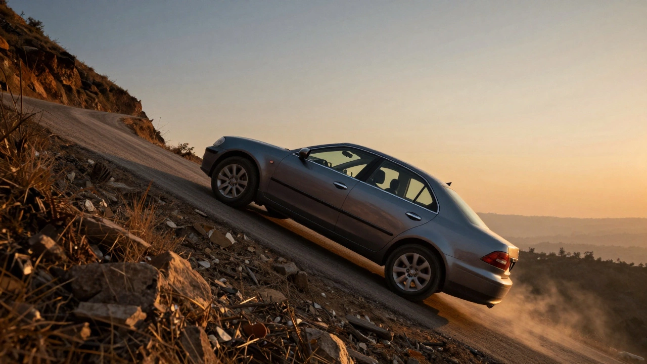 Car struggling while driving up a steep hill road in India
