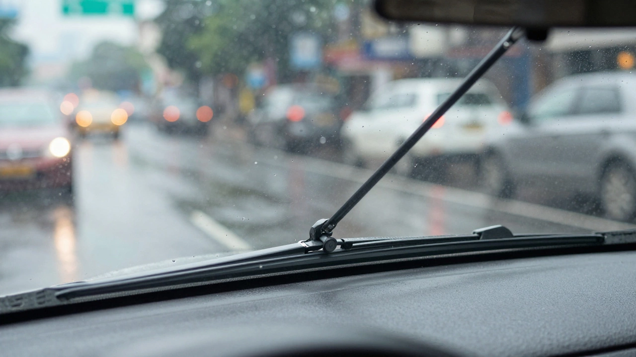 Clear view through clean windshield during heavy rain