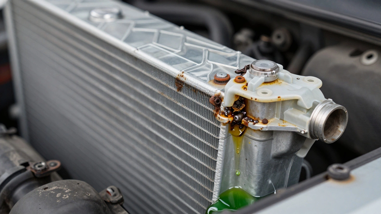 Close-up of corroded car radiator with bent fins and leaking green coolant.