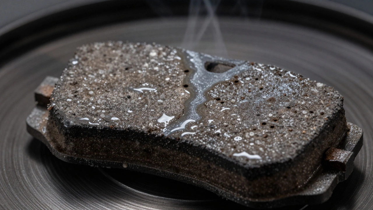 Close-up of glazed and unevenly worn brake pad surface showing heat damage