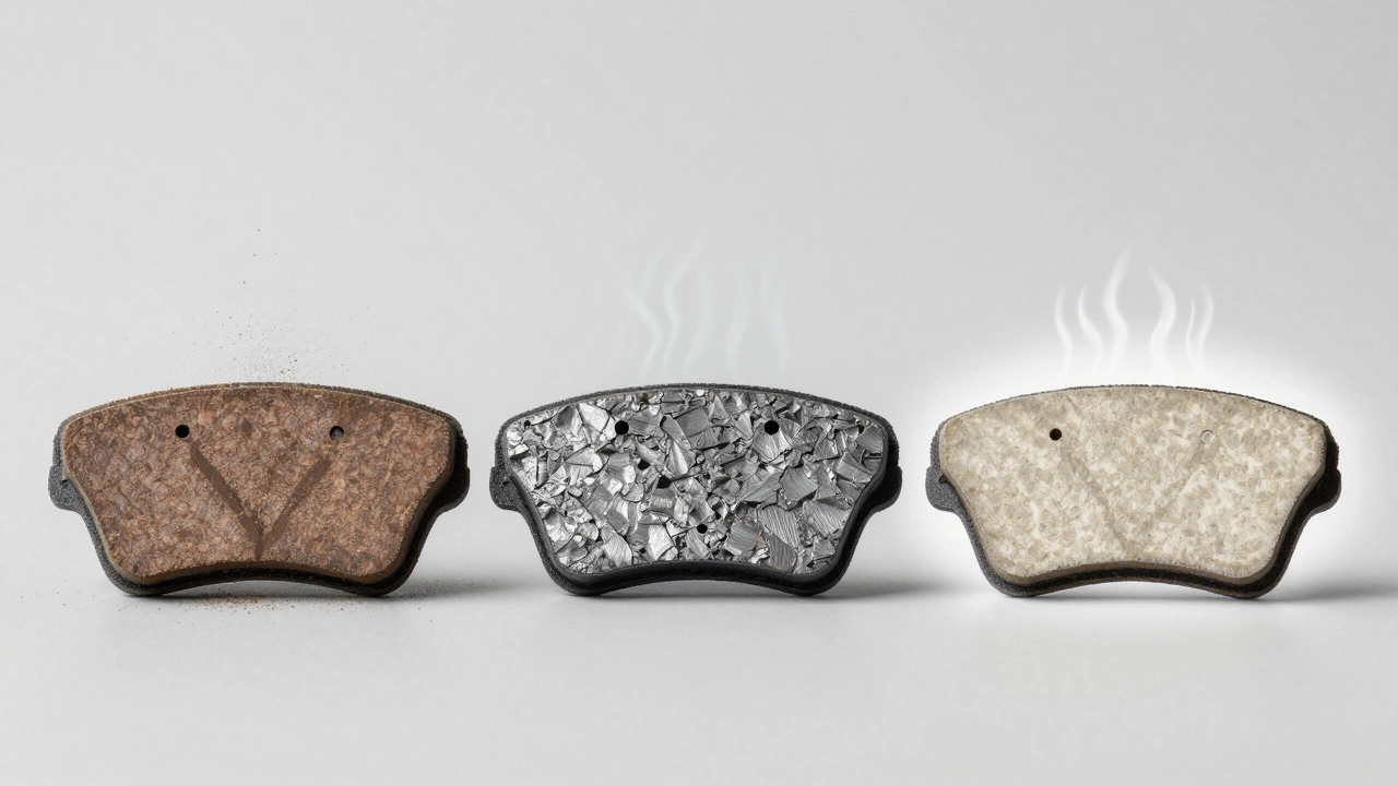 Comparison of organic, semi-metallic, and ceramic brake pad materials.