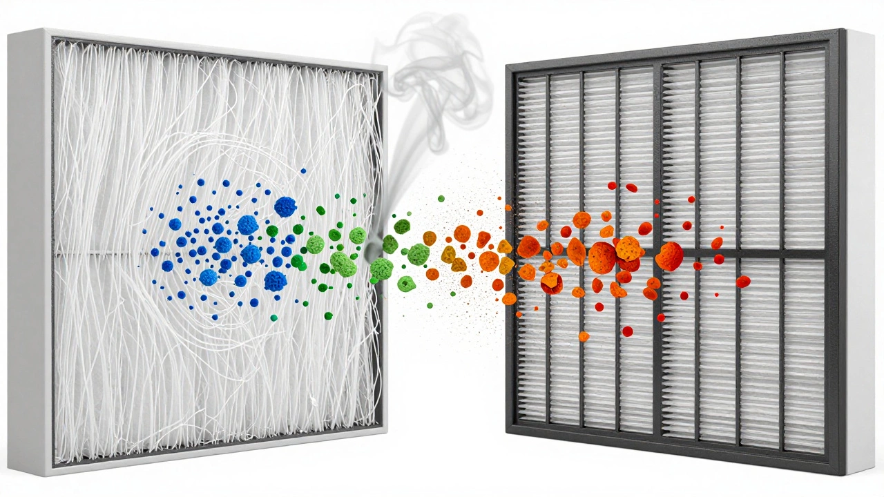 Cross-section comparison of HEPA fiber density versus electrostatic mesh filtration
