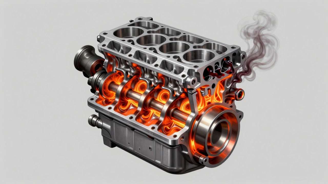 Cutaway view of engine parts glowing red from extreme heat stress