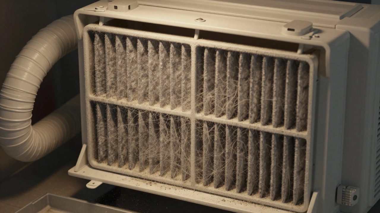 Dirty pleated air filter inside indoor air handler unit