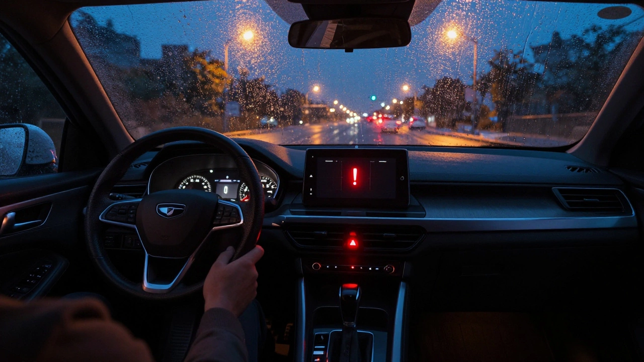 Driver braking at night with rain on windshield and dashboard warning light on