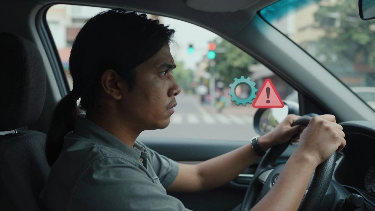 Driver realizing brake danger while approaching city traffic