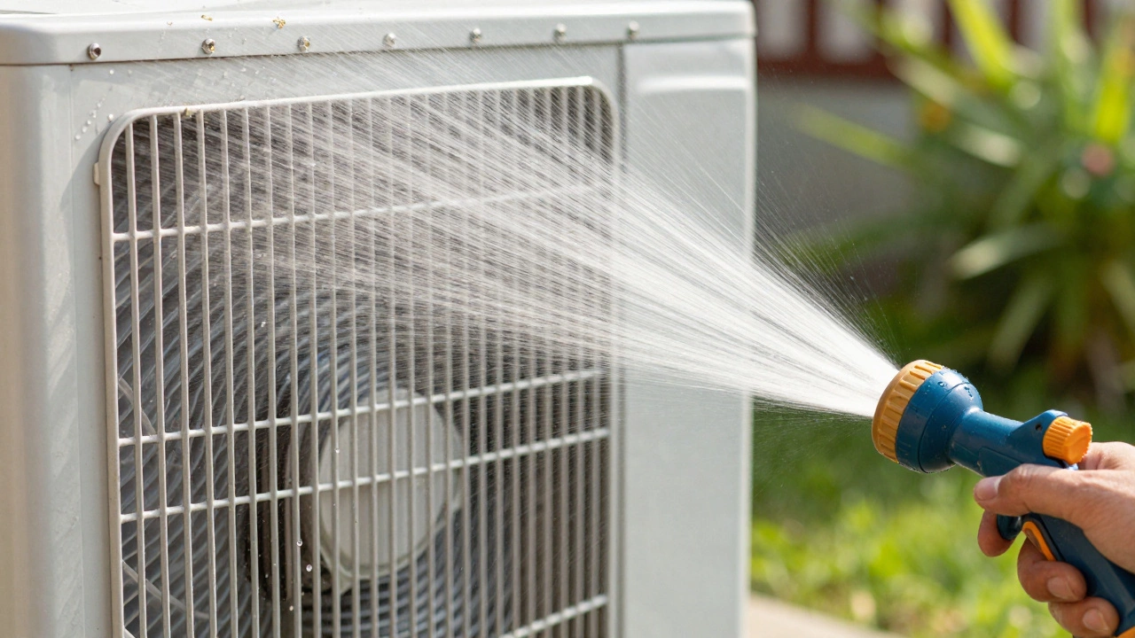 Gentle water spray cleaning outdoor AC condenser coils