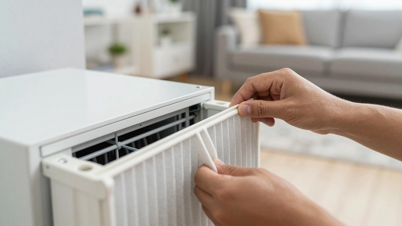 Hands installing a pleated MERV air filter into a central heating unit slot