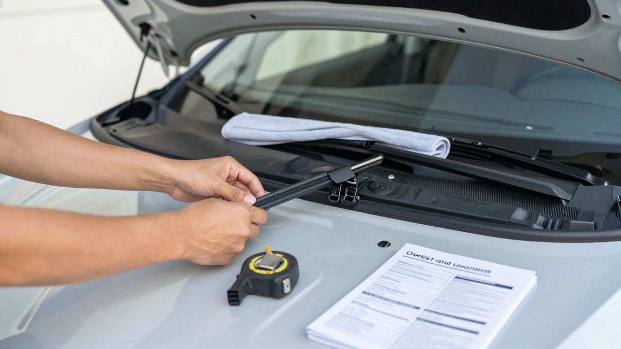 Hands installing new wiper blade on car with tools nearby
