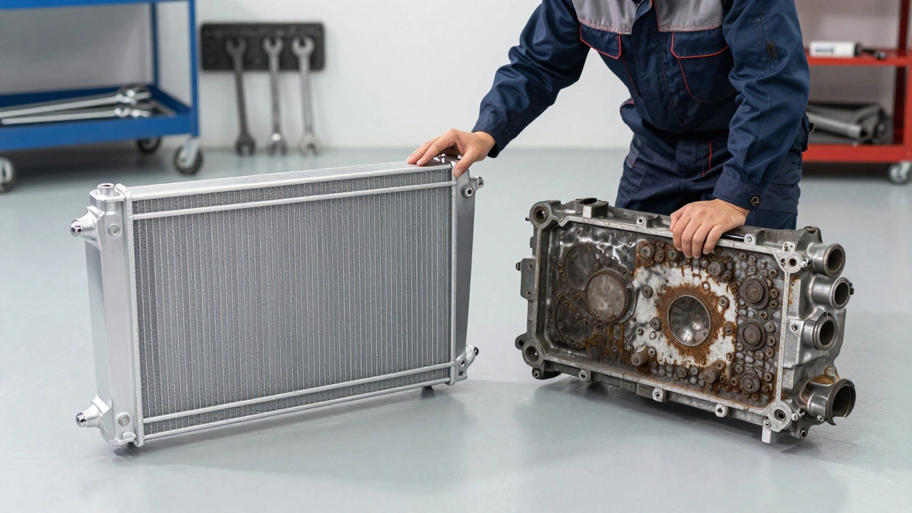 Mechanic comparing a new shiny radiator with an old damaged one in a workshop.