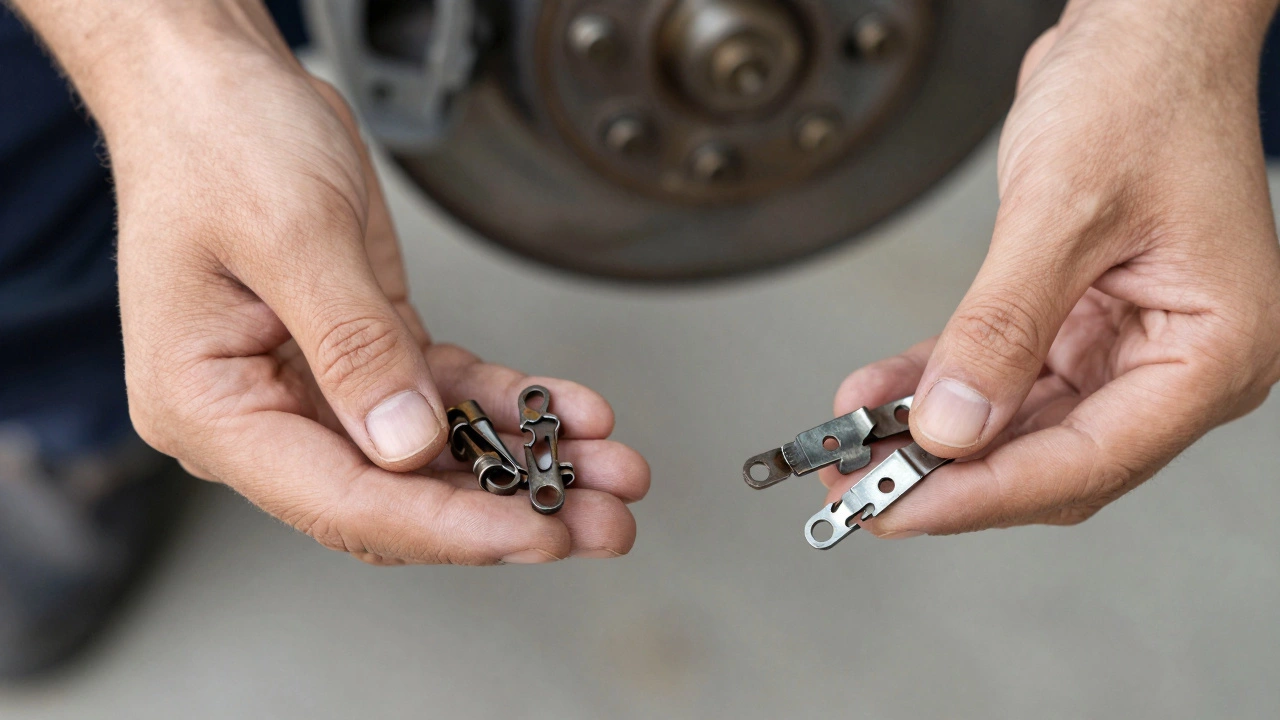 Mechanic comparing corroded old brake hardware clips with fresh new replacement clips.