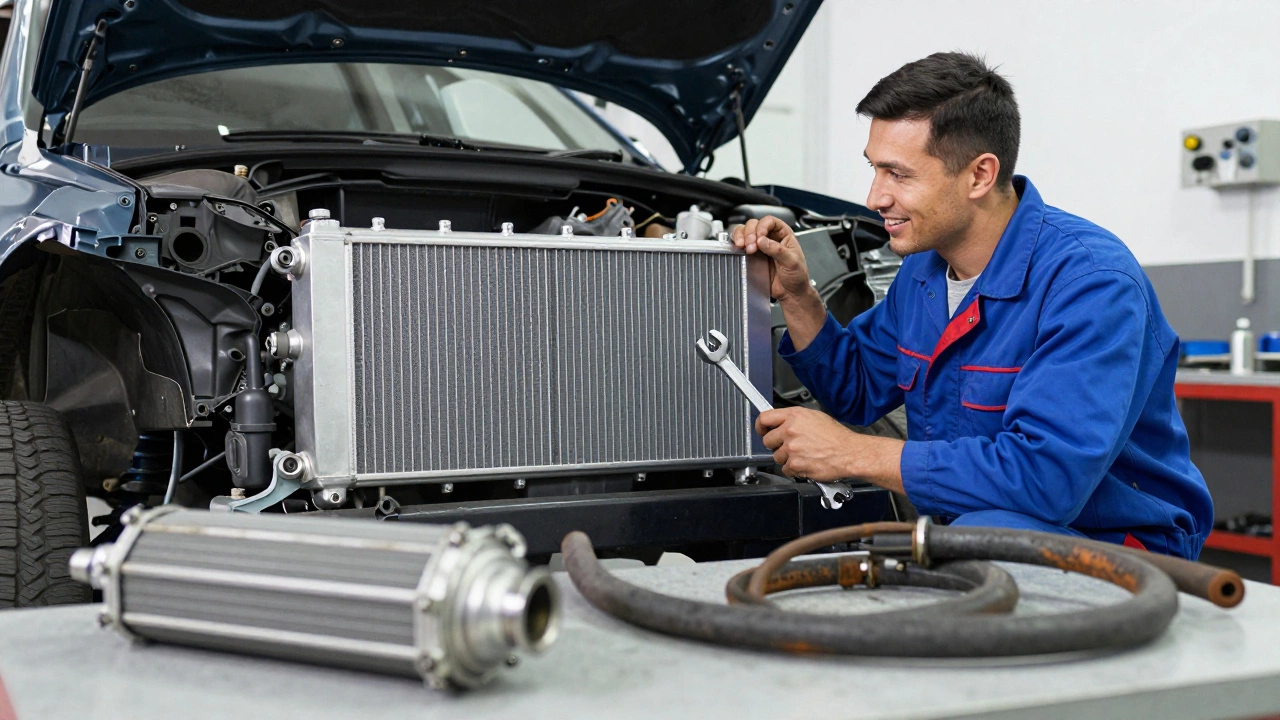 Mechanic installing a new radiator in a car during maintenance