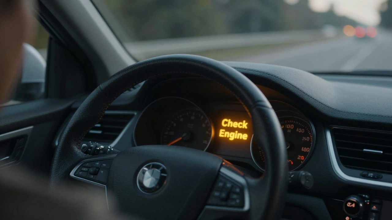 Car dashboard with check engine light glowing amber