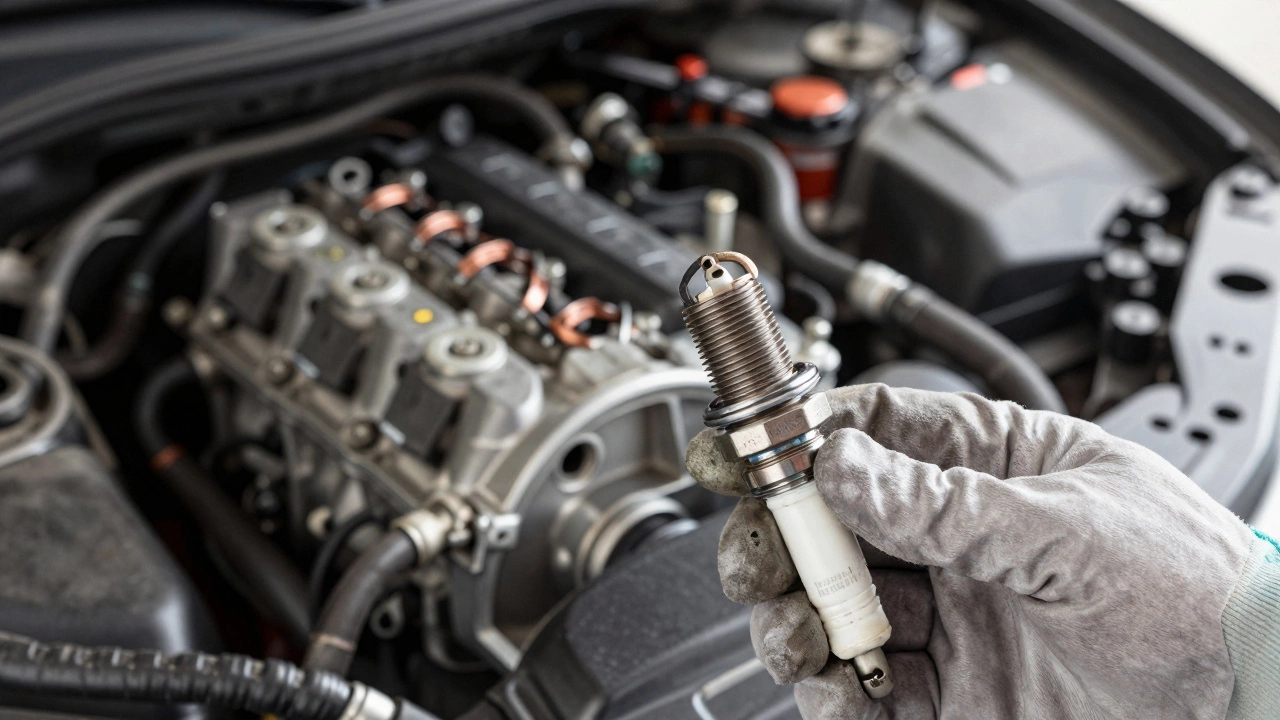 Close-up comparison of worn eroded spark plug versus new pristine spark plug held by mechanic.