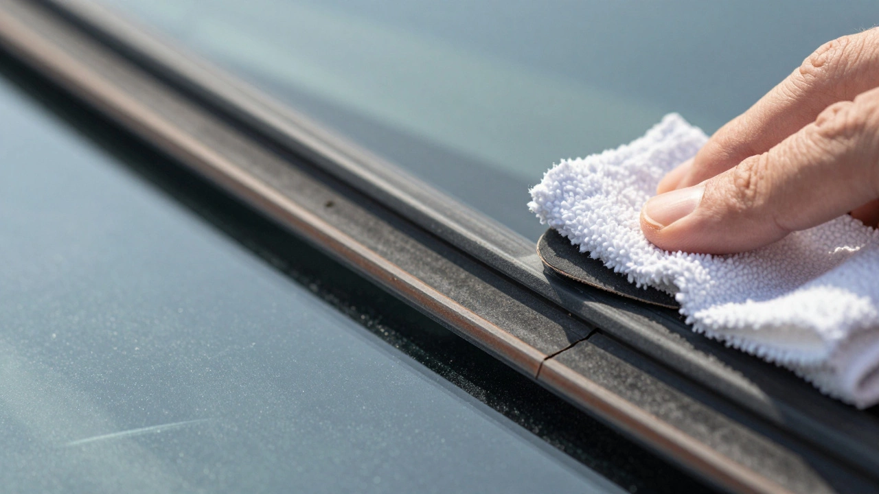 Close up of cracked and dirty wiper blade being cleaned