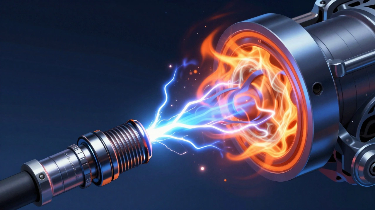 Cross-section illustration of a spark plug igniting fuel in an engine cylinder.