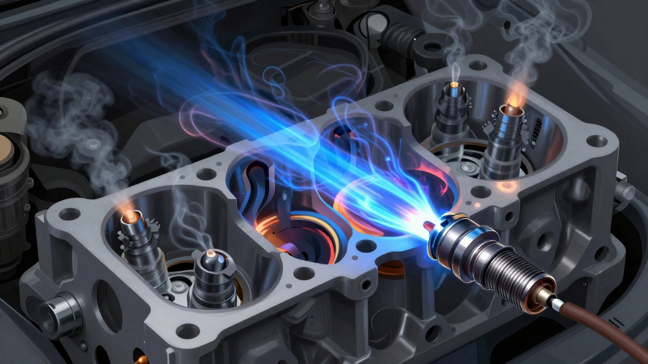 Cutaway view of engine cylinder showing strong spark ignition versus misfire