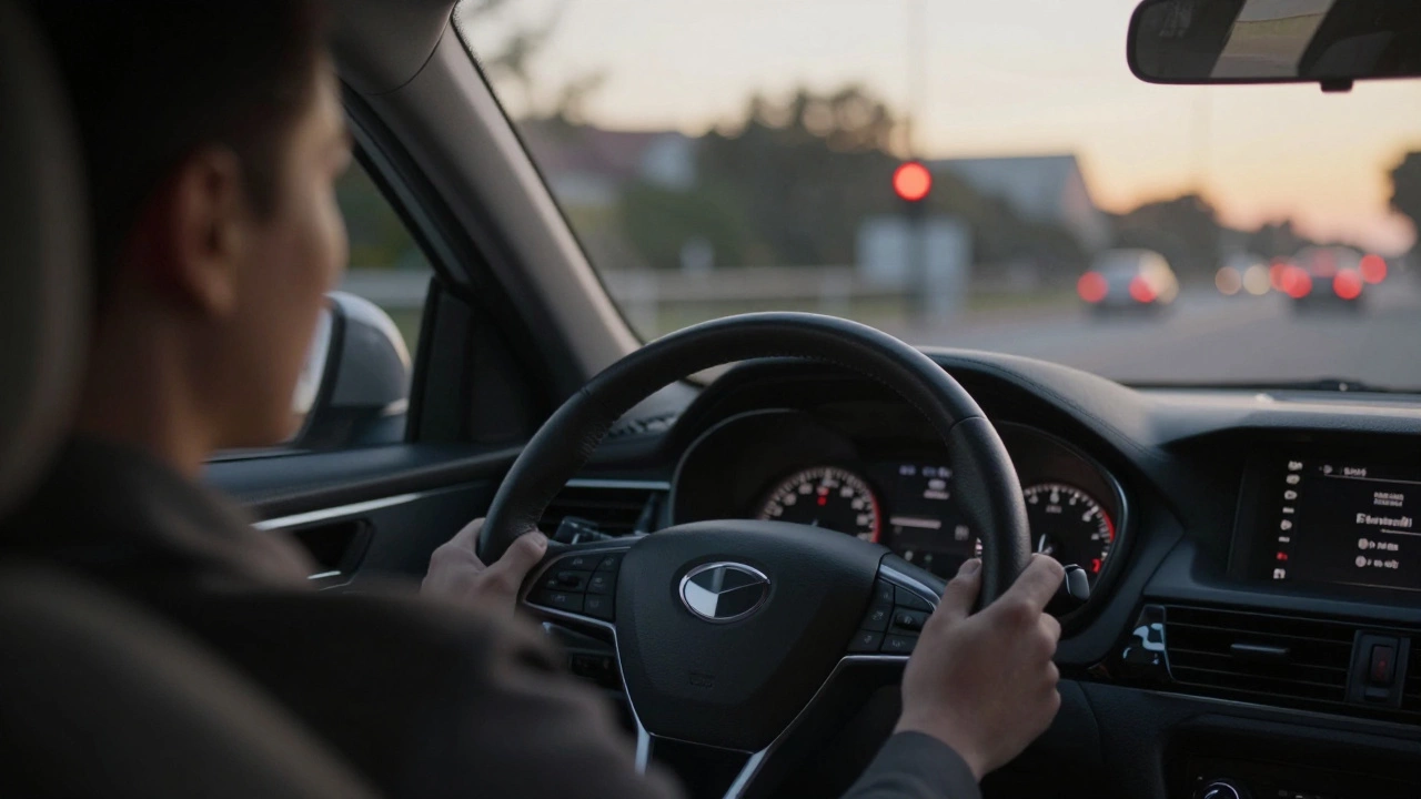 Driver's perspective inside a car at a stoplight, checking for engine smoothness.