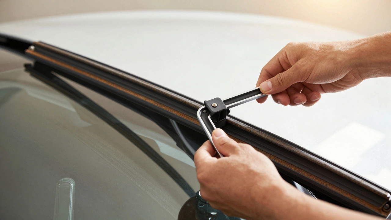 Hands replacing old wiper with new beam style blade