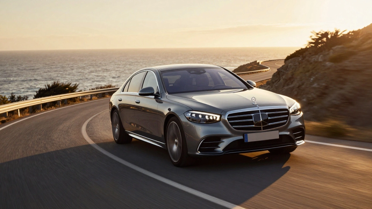 Luxury sedan cornering smoothly on a sunny coastal road