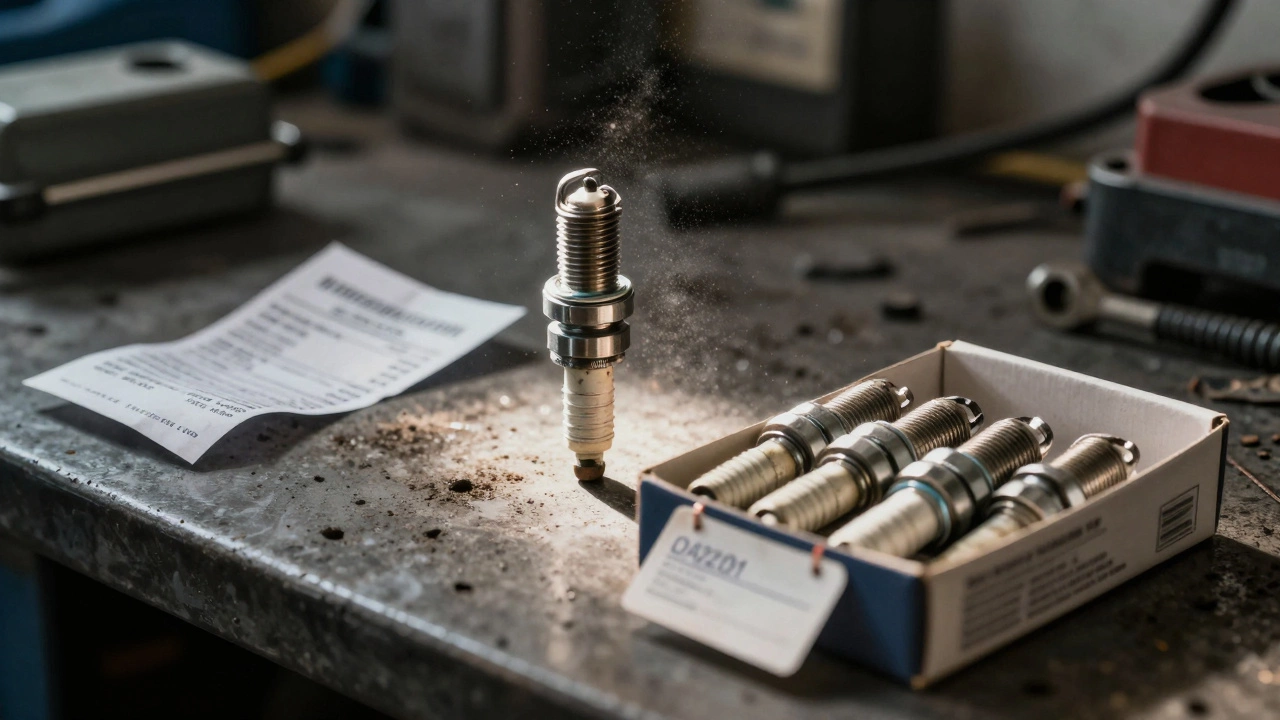 Mechanic bench with new spark plugs and costly repair receipt concept