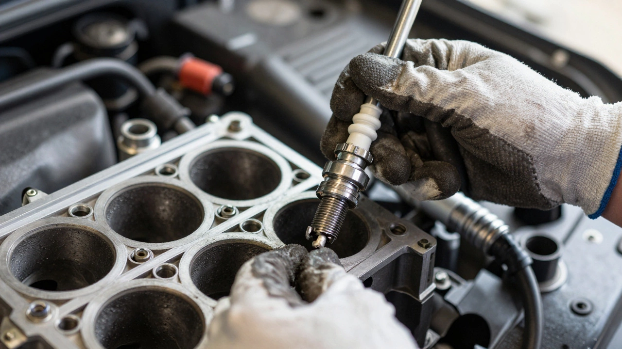 Mechanic installing a spark plug into an engine block