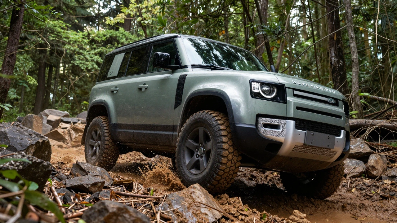 Off-road SUV driving over muddy rocks in a forest