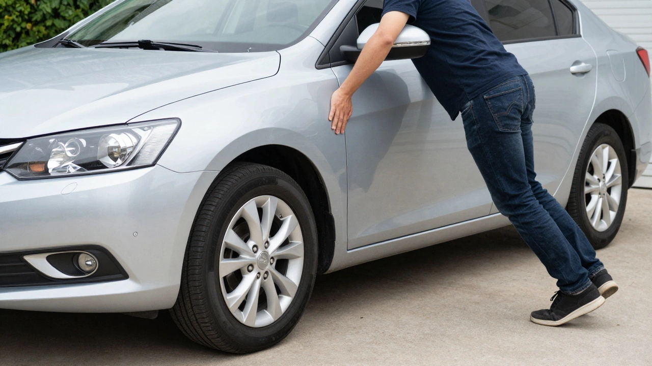 Person performing bounce test on car fender in driveway