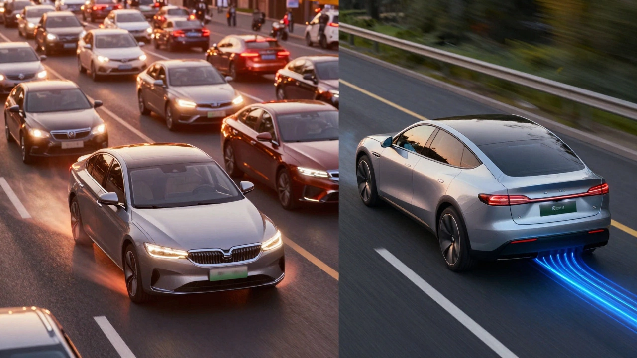 Split image comparing city driving brake wear vs EV regenerative braking efficiency