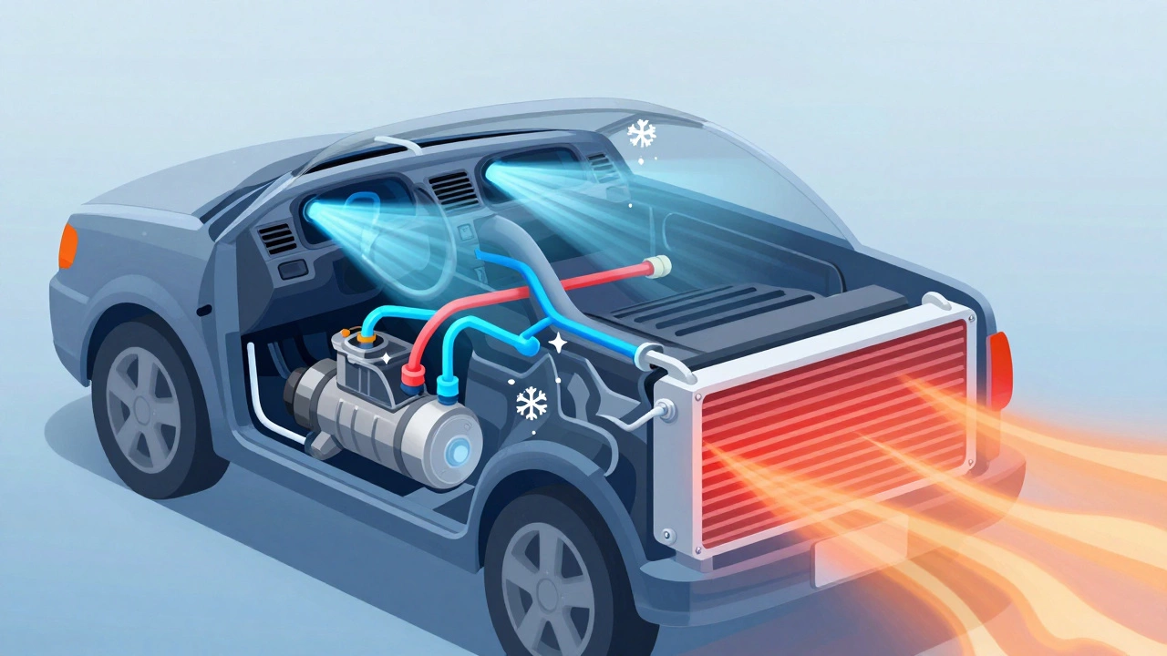 Transparent car cutaway showing AC cooling cycle airflow