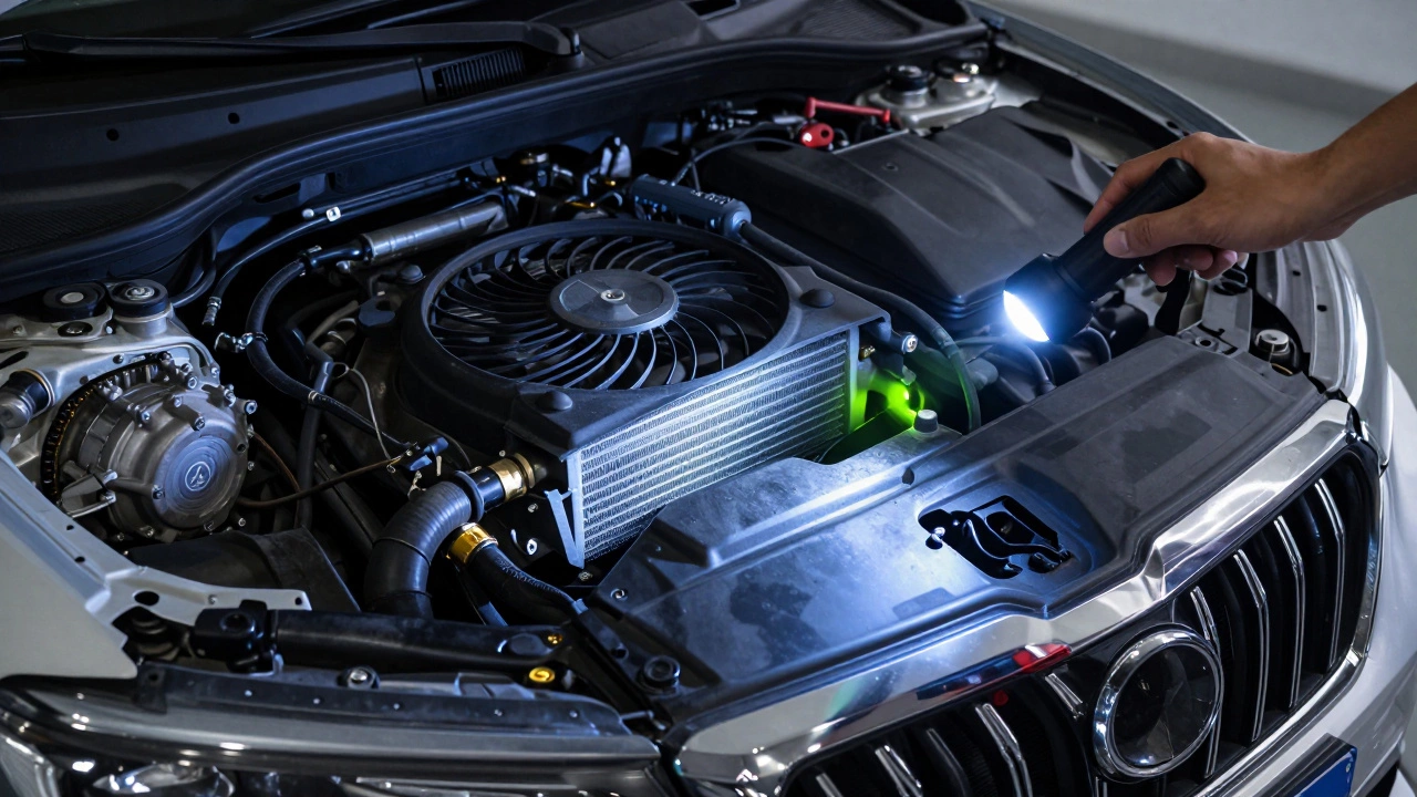 UV light revealing glowing green AC refrigerant leak in engine