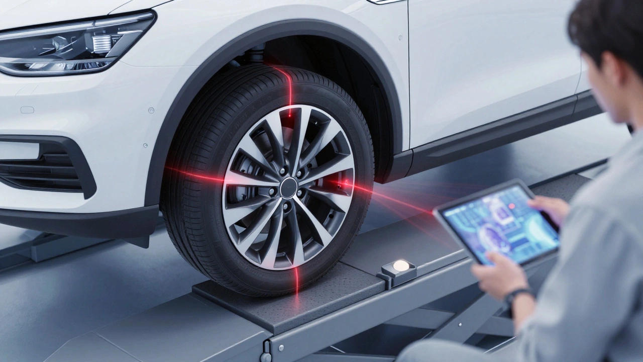Car wheels being aligned with laser guides in a professional auto shop