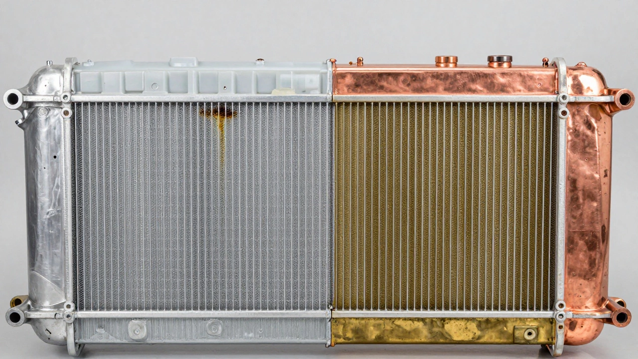 Close-up comparison of corroded aluminum radiator vs durable copper radiator parts.