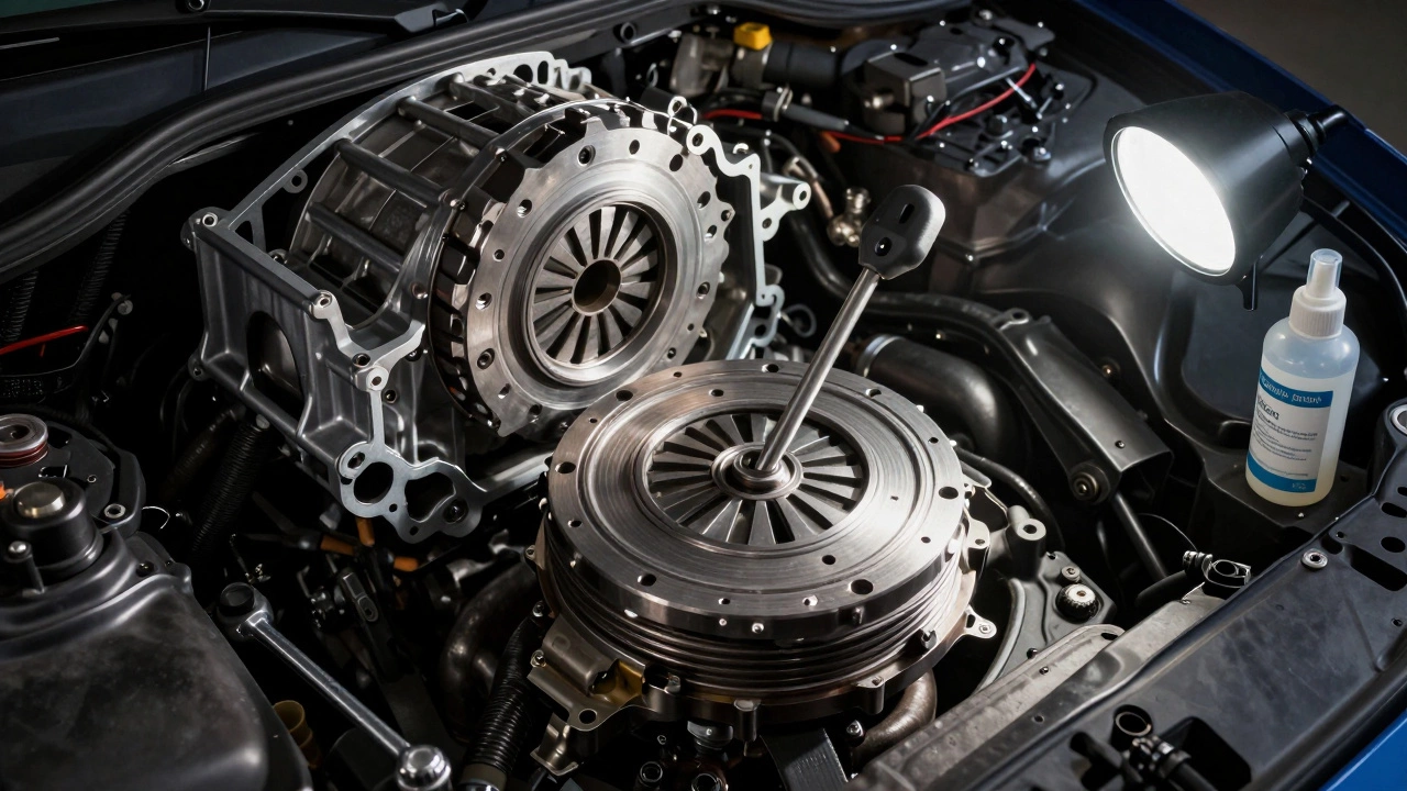 Close-up of car engine bay showing flywheel and pressure plate during clutch install.