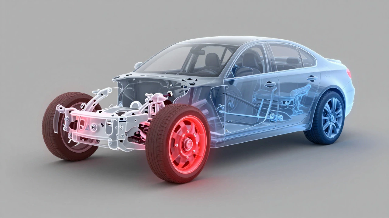 Cutaway diagram showing higher heat stress on front car brakes