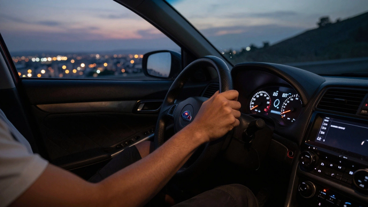Driver's view inside a modified car, hand on shifter, foot on firm clutch pedal.